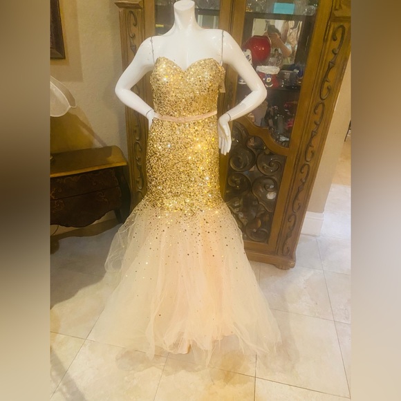 Niki Livas Gold Sequins Cream Tulle Strapless Contouring Gown Sz 10 - Picture 2 of 10